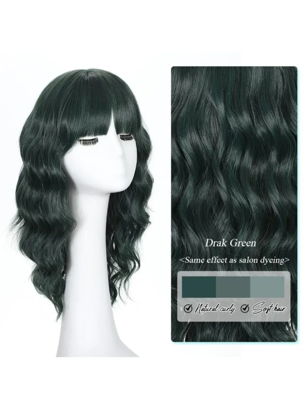 Women's Dark Green 16 Inch Wavy Wig Bangs Shoulder Length Synthetic Hair